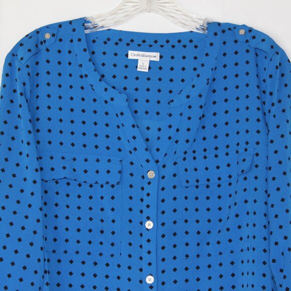 CROFT & BARROW WOMEN DIAMOND CHECK LONG SLEEVE BUTTON BLOUSE TOP SZ L ROYAL BLUE - Picture 5 of 16
